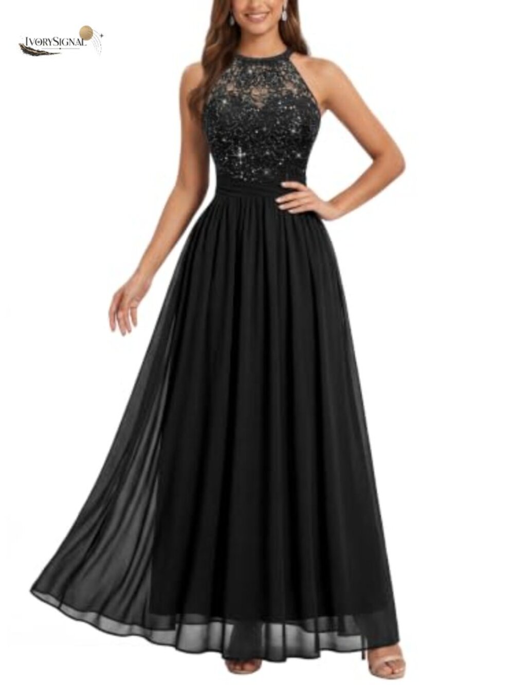 Halter Tie Back Sequin Lace Flowy Evening Maxi Dress